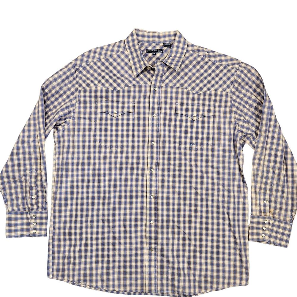 Roper Men's Plaid Long Sleeve Pearl Snap Blue/White Button Down Shirt Size 2XL
